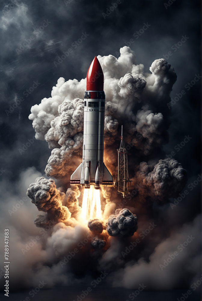 Rocket taking off into the sky with smoke. 3d rendering.