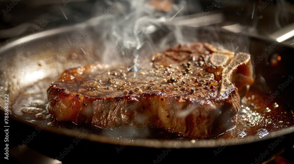 Beautiful, large Wagyu T-bone steak being cooked on a stainless steel pan. Beautiful, large Wagyu T-bone steak being cooked on a stainless steel pan.