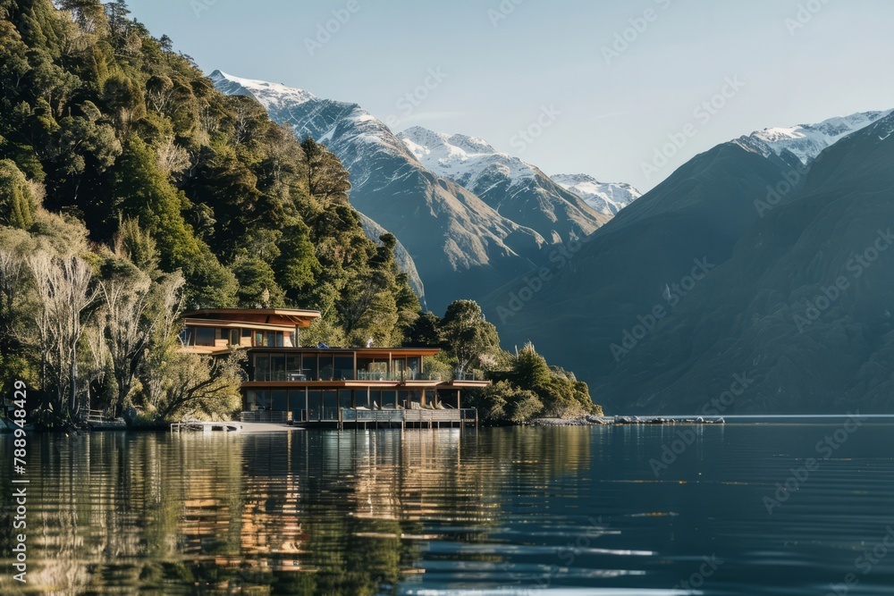 A remote New Zealand lodge perched on the edge of a pristine fjord, with panoramic views of snow-capped mountains and crystal-clear waters teeming with marine life, Generative AI A remote New Zealand lodge perched on the edge of a pristine fjord, with panoramic views of snow-capped mountains and crystal-clear waters teeming with marine life, Generative AI