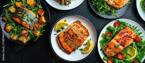 A selection of baked fish meals presented with a side of green salad, displayed on white and black plates against a backdrop of copy text.