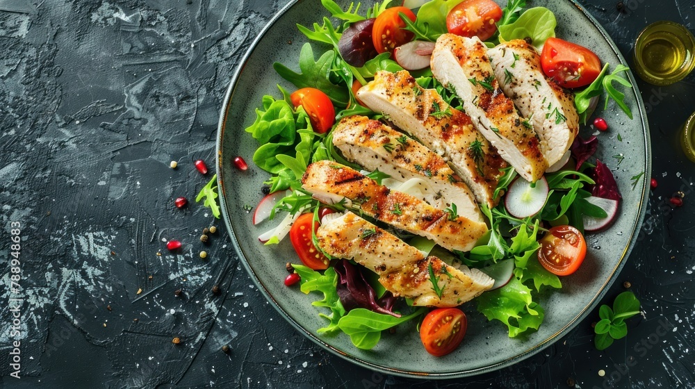 Chicken fillet with salad, healthy food. Lunch. Top view Chicken fillet with salad, healthy food. Lunch. Top view