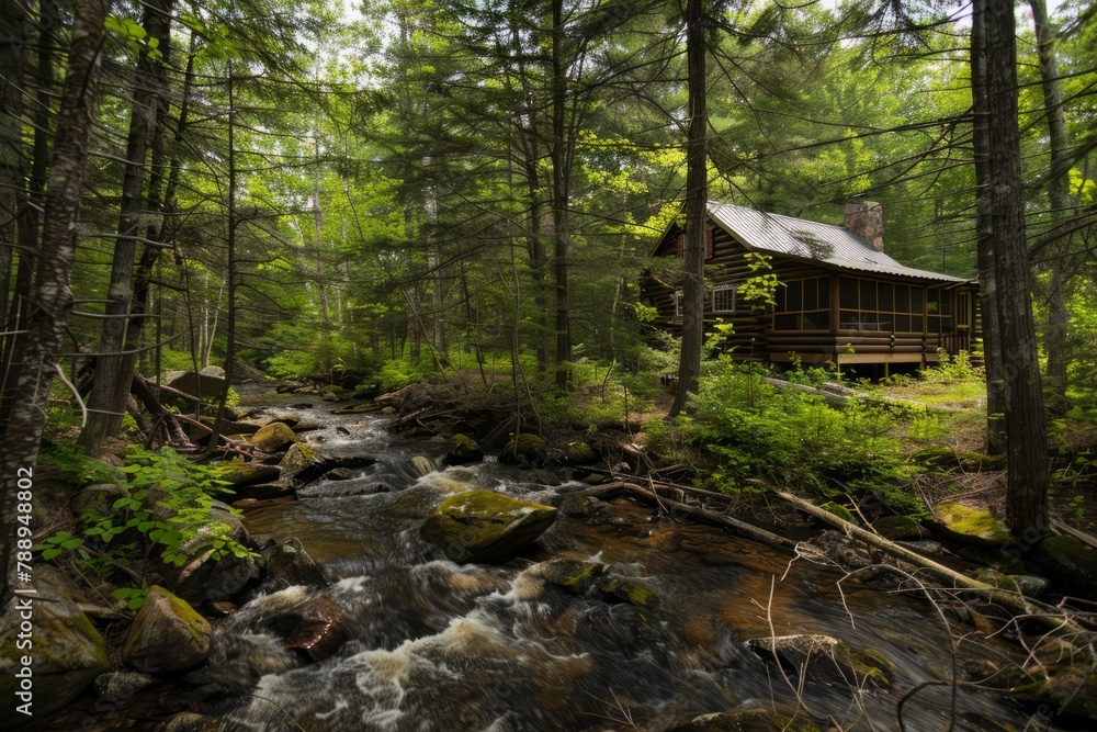 A rustic log cabin retreat tucked away in a secluded forest, with a bubbling brook nearby and wildlife roaming freely in their natural habitat, Generative AI A rustic log cabin retreat tucked away in a secluded forest, with a bubbling brook nearby and wildlife roaming freely in their natural habitat, Generative AI