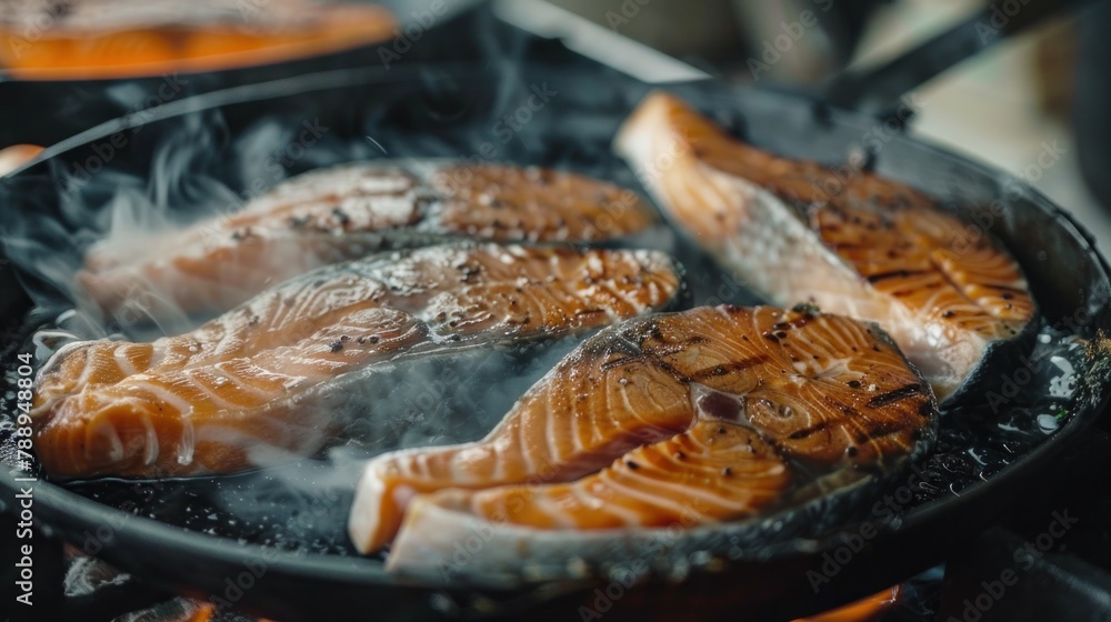 Large, beautiful striped salmon steaks being cooked on an iron pan Large, beautiful striped salmon steaks being cooked on an iron pan