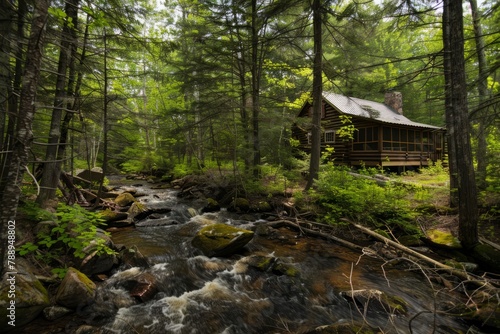 A rustic log cabin retreat tucked away in a secluded forest, with a bubbling brook nearby and wildlife roaming freely in their natural habitat, Generative AI