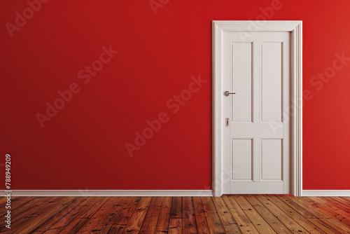 photo of a white door on a red wall background. wooden floor. room interior design concept. mock up for presentation. concept of copy space