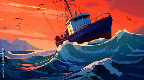 fishing boat in the sea illustration
