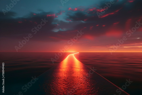Solitary Path into the Tranquil Sunset over the Vast Ocean Horizon