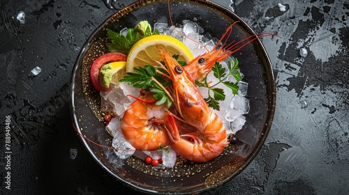 Large pieces of fresh shrimp sasami, lemon, wasabi, vegetables, on a bowl of ice. Close-up view