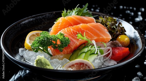 Large pieces of salmon sasami, lemon, wasabi, vegetables, on a bowl of ice. Top view.