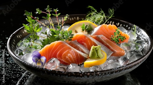 Large pieces of salmon sasami, lemon, wasabi, vegetables, on a bowl of ice. Top view.