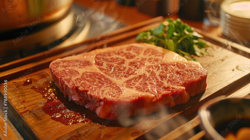 Large Wagyu ribeye with beautiful texture, delicious to eat on a wooden tray. Large Wagyu ribeye with beautiful texture, delicious to eat on a wooden tray.