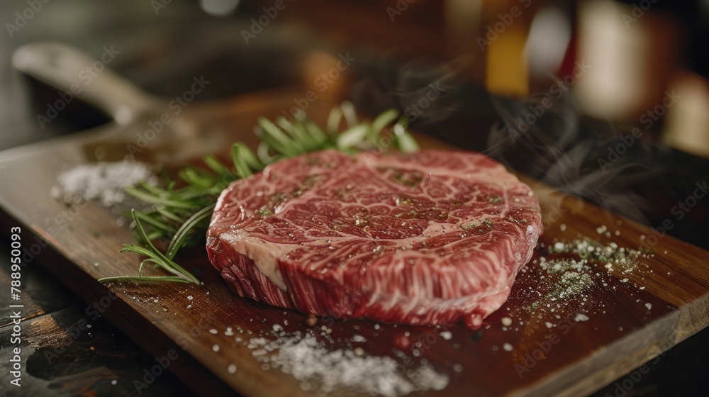 Large Wagyu ribeye with beautiful texture, delicious to eat on a wooden tray. Large Wagyu ribeye with beautiful texture, delicious to eat on a wooden tray.