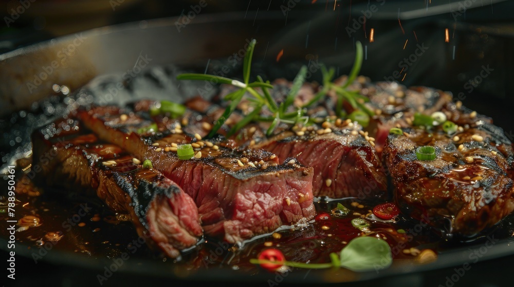Large Wagyu ribeye with beautiful texture, delicious to eat on a wooden tray. Large Wagyu ribeye with beautiful texture, delicious to eat on a wooden tray.