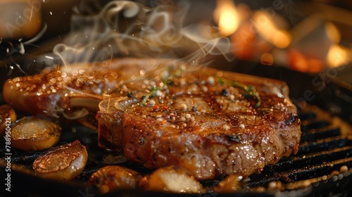 Large Wagyu ribeye with beautiful texture, delicious to eat on a wooden tray.