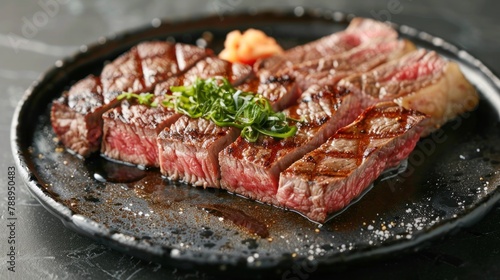 Large Wagyu ribeye with beautiful texture, delicious to eat on a wooden tray.