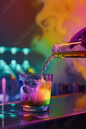 Vibrant cocktail pouring into glass, creating a mesmerizing rainbow of colors in a dark setting