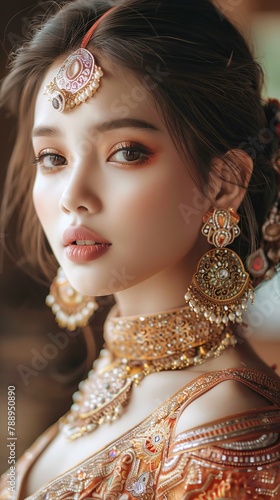 Elegant Thai Lady in Exquisite Traditional Gold Jewelry, Intimate Portrait of Cultural Beauty