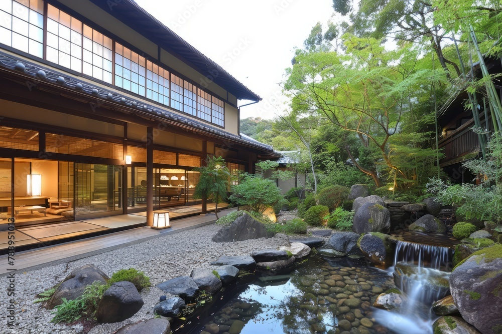A traditional Japanese ryokan surrounded by tranquil bamboo groves and serene rock gardens, offering guests a peaceful escape from the hustle and bustle of modern life, Generative AI