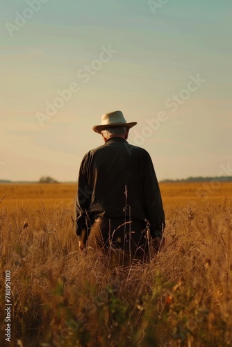Elderly farmer wearing straw hat standing contemplatively in golden wheat field at dusk © Saranpong