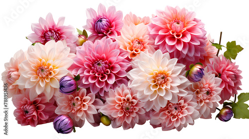 A bouquet of pink and white dahlia flowers with purple buds isolated on a transparent background