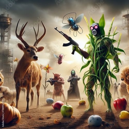 Genetically modified organisms (GMOs) like corn and tomatoes transforming into giant, sentient creatures, engaging in an epic battle against natural