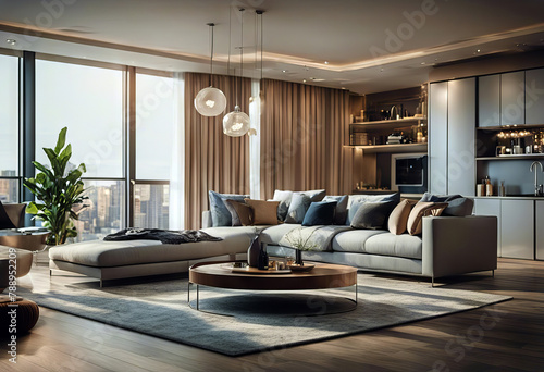 panorama 3d apartment interior Modern room home furniture design house living sofa table architecture luxury window floor kitchen office chair nobody wall © wafi