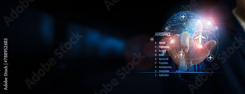 Hand touching aerospace global network connection and launching into the future, technology propelling the next-gen aerospace structure. Innovation networking in the cosmos.