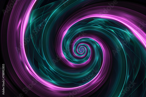 Hypnotic violet and teal neon swirls. Harmonious blending on black background.