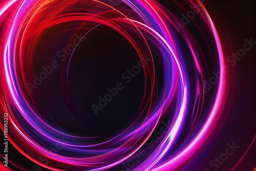 Dynamic neon swirl design with red and purple glowing circles. Eye-catching abstract art on black.