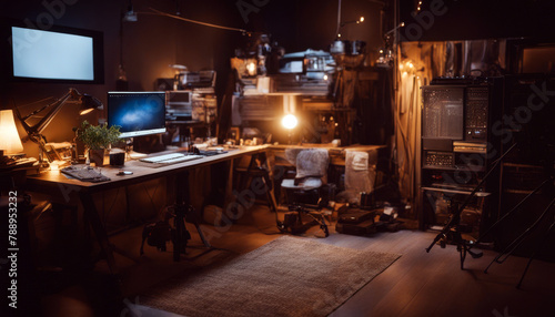romantic warm RGB style creates atmosphere work includes lighting Nighttime ready equipment studio cozy background design technology office man music computer table home interior room digital