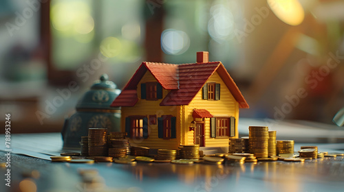 A small house is placed on top of a pile of coins. The background is a blurred garden with sunlight shining through, Finance, investment and saving concept