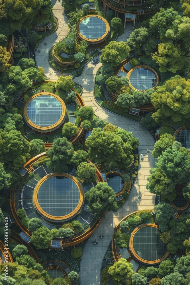 Solar panels in artistic patterns grace public plazas, blending function with urban design in a flat illustration style.