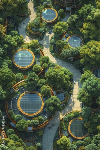 Solar panels in artistic patterns grace public plazas  blending function with urban design in a flat illustration style.