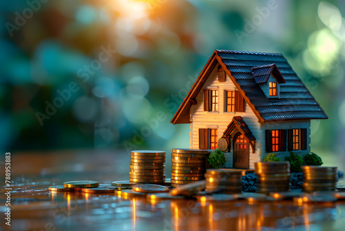 A small house is placed on top of a pile of coins. The background is a blurred garden with sunlight shining through, Finance, investment and saving concept photo