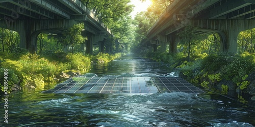 Utilizing under-bridge solar panels to power urban spaces with a flowing river below, in a sleek flat design style illustration.