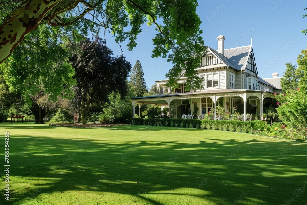 Obraz premium An elegant Victorian estate with sprawling lawns and formal rose gardens, where afternoon tea is served on fine china beneath the shade of ancient oak trees, Generative AI