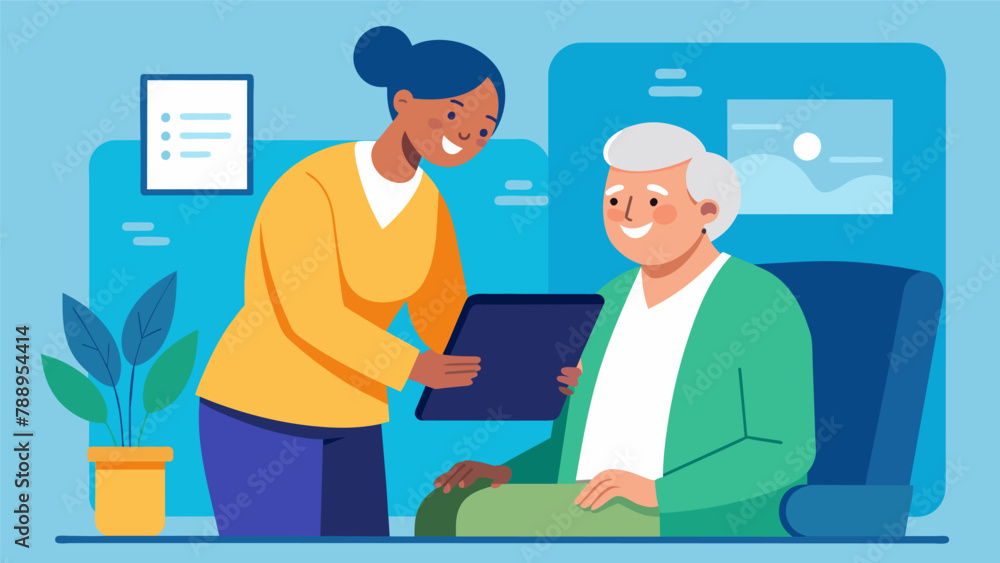 A senior tech mentor assists an older adult in setting up a virtual doctors appointment on their tablet providing them with stepbystep guidance A senior tech mentor assists an older adult in setting up a virtual doctors appointment on their tablet providing them with stepbystep guidance