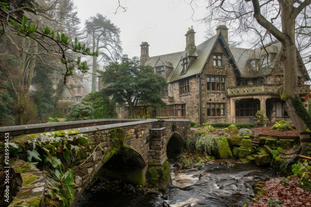 An enchanting Tudor-style estate enveloped in misty woodlands, with a winding river meandering through the landscape and quaint stone bridges, Generative AI
