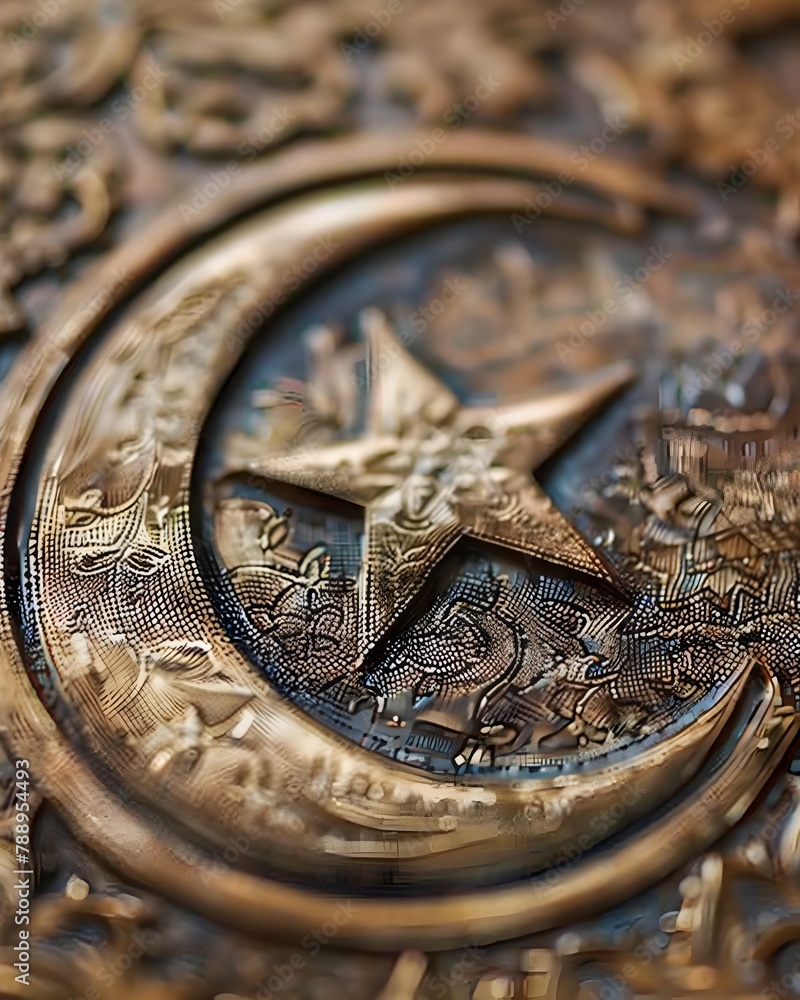 Close up Photograph of Intricate Star and Crescent Symbol Engraved on a Traditional Islamic Prayer Rug Showcasing Exceptional Craftsmanship and Close up Photograph of Intricate Star and Crescent Symbol Engraved on a Traditional Islamic Prayer Rug Showcasing Exceptional Craftsmanship and