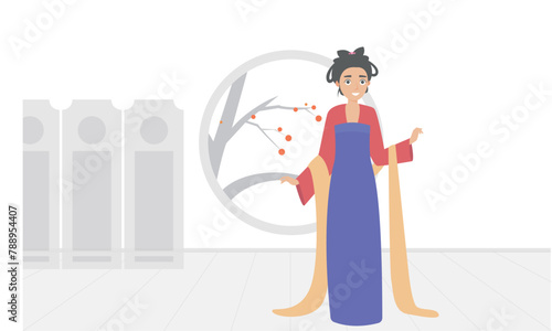 Vector illustration of classical Chinese ancient beauty wearing beautiful traditional clothes standing in a house in ancient Chinese architectural style