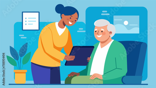 A senior tech mentor assists an older adult in setting up a virtual doctors appointment on their tablet providing them with stepbystep guidance
