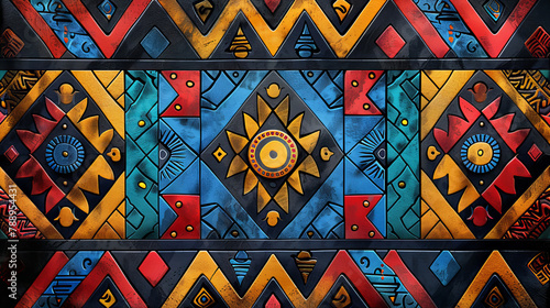 Abstract, color and African pattern on art, illustration and creative design of indigenous symbol. Vintage, graphic and geometric print for culture, spiritual sign and 3d texture of tribal icon