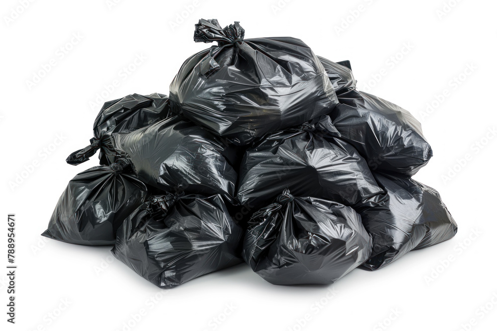 pile of black garbage bags isolated on white background
