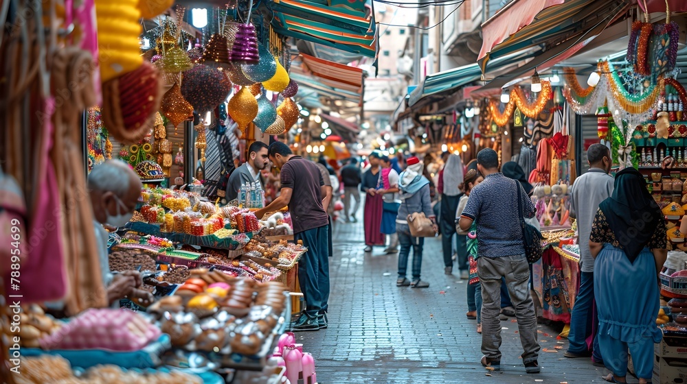 Vibrant Street Market During Eid al Adha with Bustling Crowds and Colorful Stalls of Traditional Sweets and