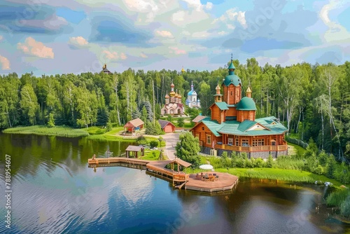 An opulent Russian dacha nestled beside a tranquil lake, with colorful onion-domed churches in the distance and lush forests teeming with wildlife, Generative AI photo