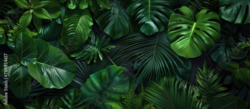 Close-up view of a dark, tropical background featuring green leaves and palm trees in a flat lay orientation.