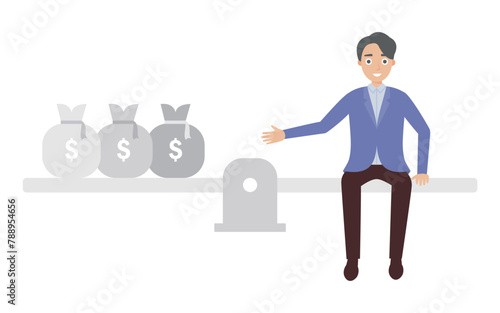 Vector illustration of a business man sitting on a seesaw with a money bag at the other end