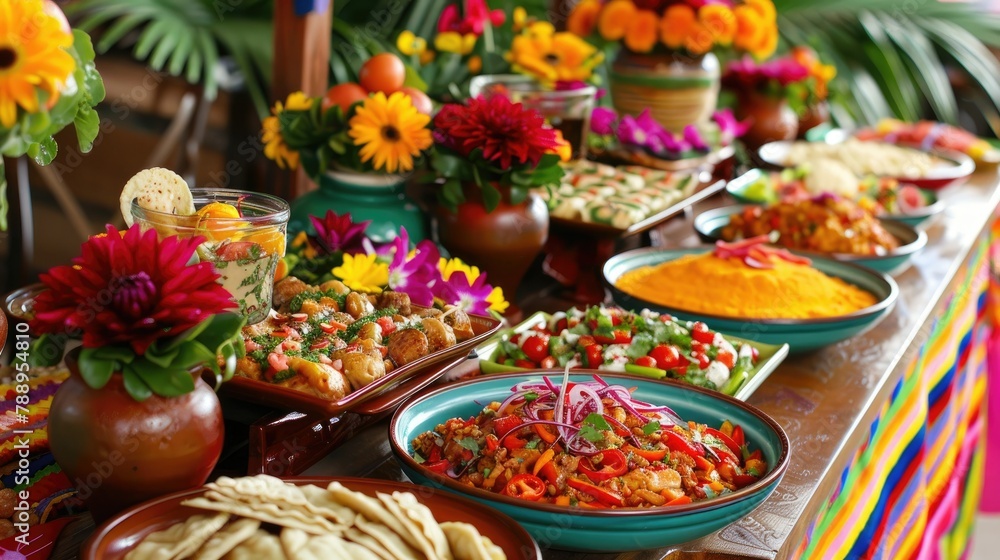 Get ready to dive into a colorful Fiesta celebration with a vibrant buffet table featuring a spread of mouthwatering traditional Mexican dishes Get ready to dive into a colorful Fiesta celebration with a vibrant buffet table featuring a spread of mouthwatering traditional Mexican dishes