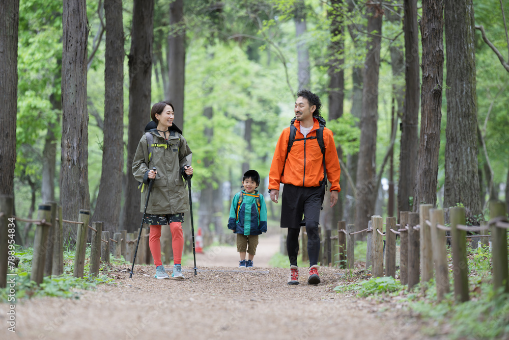 Fototapeta premium ハイキングする親子 緑の中登山やトレッキングする家族 夏のレジャーやアウトドアのお出かけのイメージ
