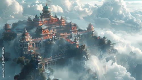 Suspended mountain temple scene poster background